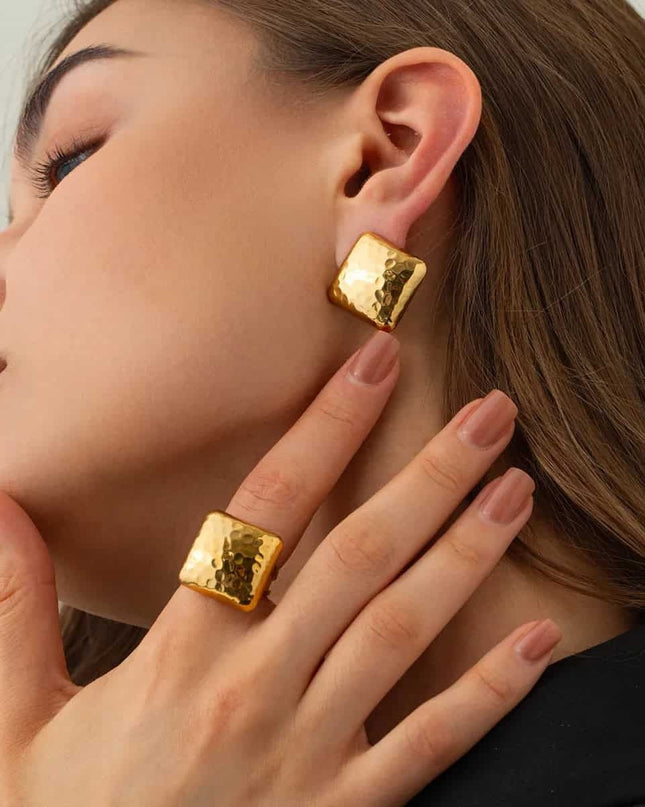 Set Cercei Si Inel Femei, Placat Aur 14k, Model Vintage Modern, Accesorii Elegante