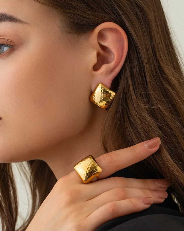 Set Cercei Si Inel Femei, Placat Aur 14k, Model Vintage Modern, Accesorii Elegante