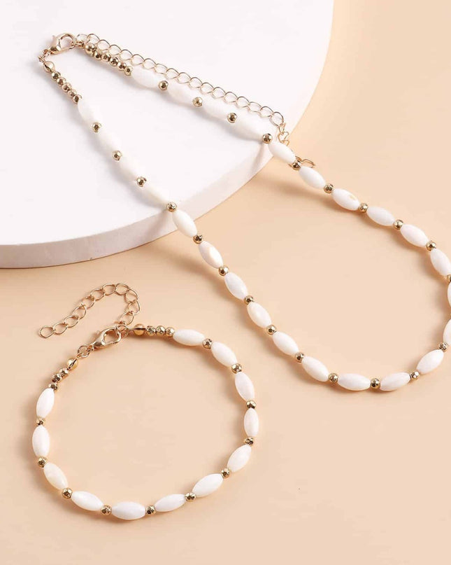 Set Colier Choker Si Bratara Femei, Model Elegant, Margele Albe, Ajustabil