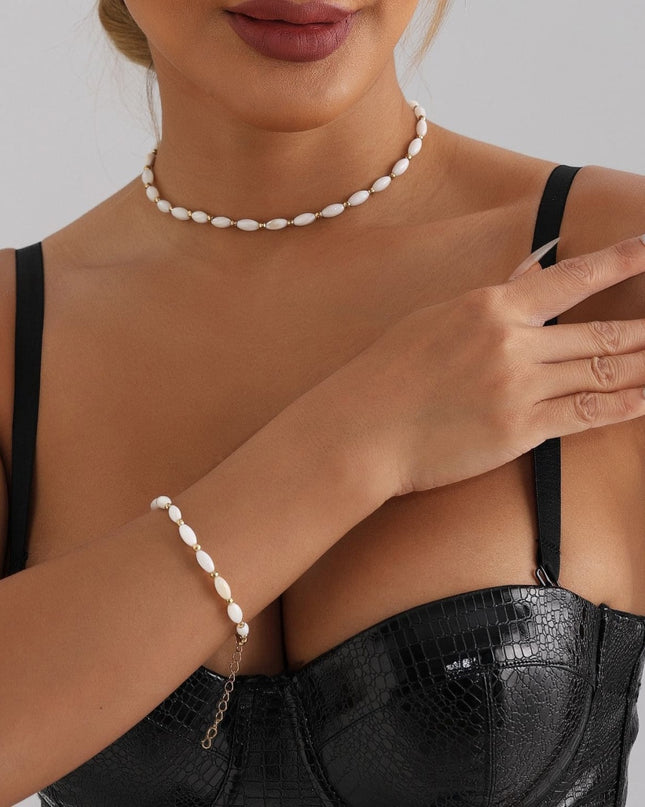 Set Colier Choker Si Bratara Femei, Model Elegant, Margele Albe, Ajustabil