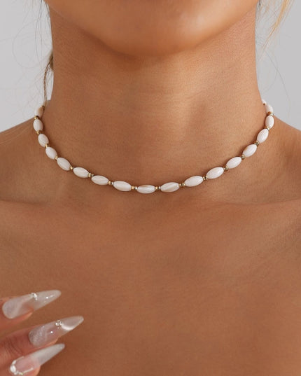 Set Colier Choker Si Bratara Femei, Model Elegant, Margele Albe, Ajustabil