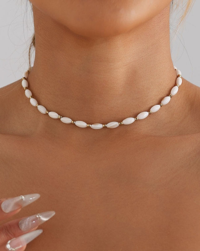 Set Colier Choker Si Bratara Femei, Model Elegant, Margele Albe, Ajustabil
