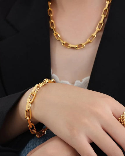 Set Colier Si Bratara Femei, Lant Modern Din Titan, Placat Aur 18k, Bijuterii Elegante