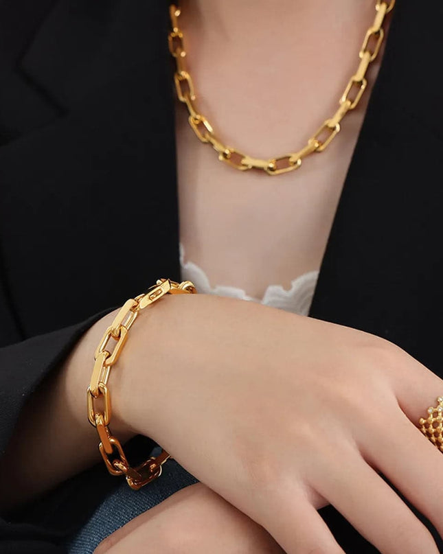 Set Colier Si Bratara Femei, Lant Modern Din Titan, Placat Aur 18k, Bijuterii Elegante