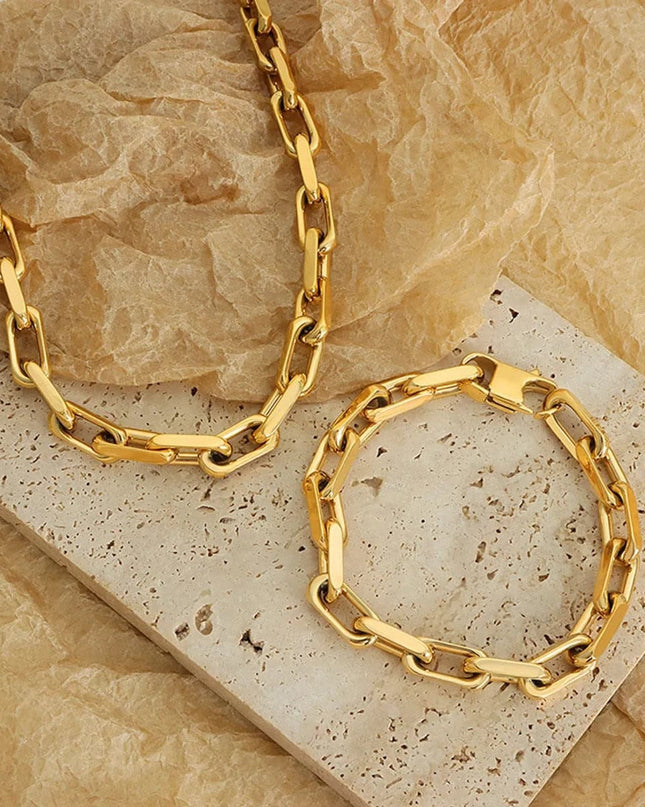 Set Colier Si Bratara Femei, Lant Modern Din Titan, Placat Aur 18k, Bijuterii Elegante