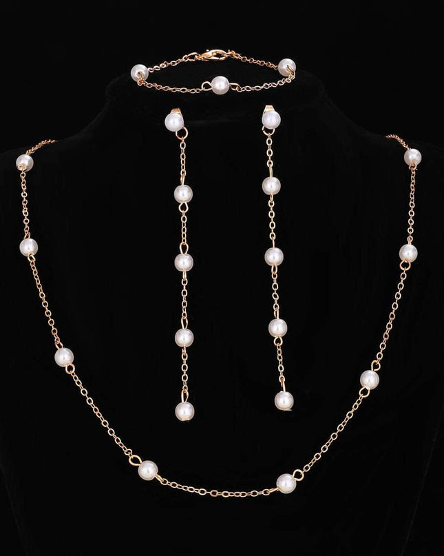 Set De Bijuterii Cu Perle: Lantisor, Bratara Si Cercei Placati Cu Aur