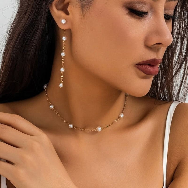 Set De Bijuterii Cu Perle: Lantisor, Bratara Si Cercei Placati Cu Aur