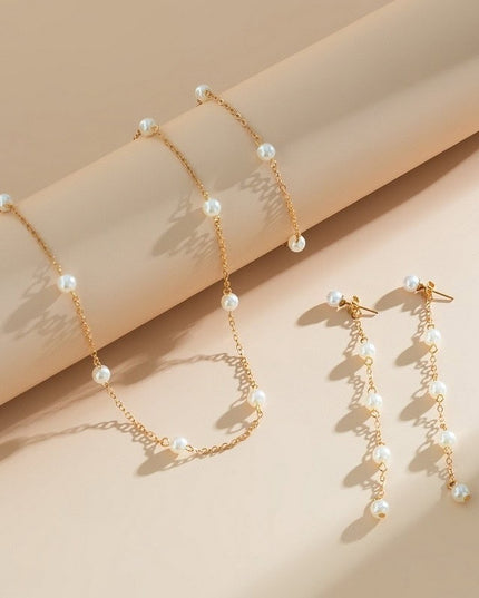Set De Bijuterii Cu Perle: Lantisor, Bratara Si Cercei Placati Cu Aur
