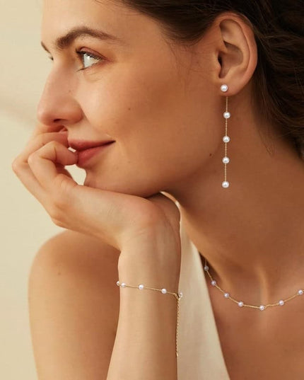 Set De Bijuterii Cu Perle: Lantisor, Bratara Si Cercei Placati Cu Aur