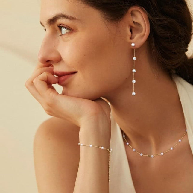 Set De Bijuterii Cu Perle: Lantisor, Bratara Si Cercei Placati Cu Aur
