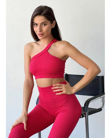 Set Fitness Rosu din Două Piese, Top Asimetric și Colanți, Design Modern și Funcțional pentru Performanță Sportivă