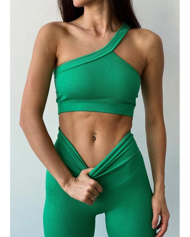 Set Fitness Verde Vibrant din Două Piese, Top Asimetric și Colanți, Design Modern și Funcțional pentru Performanță Sportivă