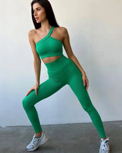 Set Fitness Verde Vibrant din Două Piese, Top Asimetric și Colanți, Design Modern și Funcțional pentru Performanță Sportivă