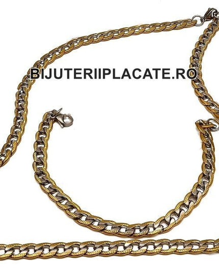 Set Lant+bratara Inox Cuban Auriu Argintiu