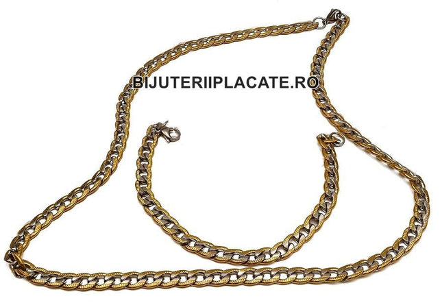 Set Lant+bratara Inox Cuban Auriu Argintiu