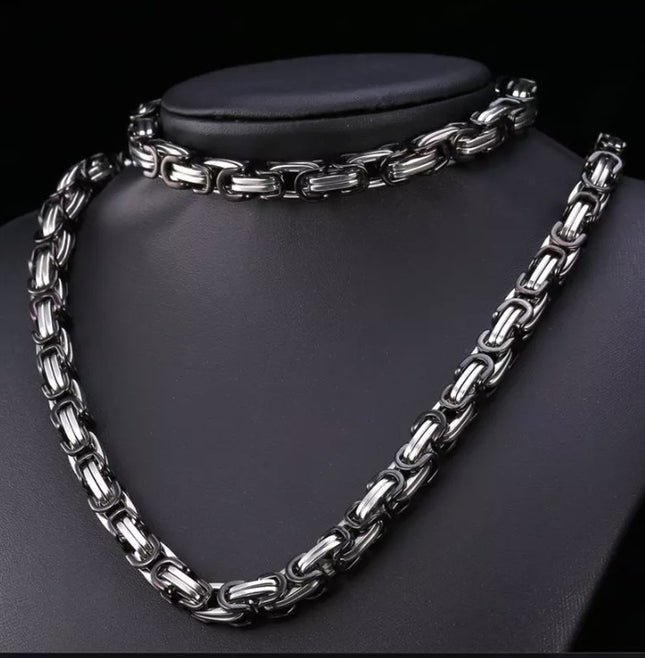 Set Lant+bratara Inox Model Byzantine Ton Argintiu Si Negru