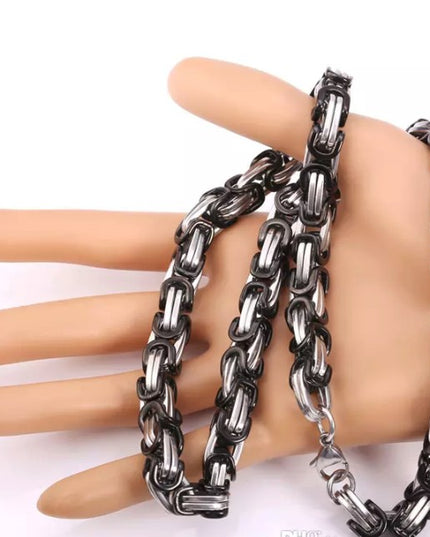 Set Lant+bratara Inox Model Byzantine Ton Argintiu Si Negru