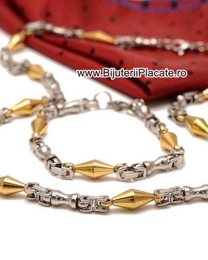 Set Lant+bratara Inox Model Byzantine Ton Auriu Si Argintiu