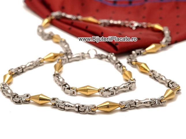 Set Lant+bratara Inox Model Byzantine Ton Auriu Si Argintiu