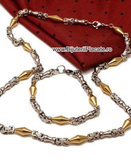 Set Lant+bratara Inox Model Byzantine Ton Auriu Si Argintiu