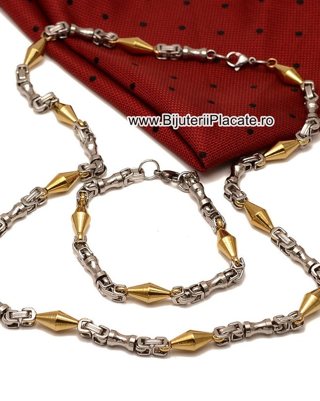 Set Lant+bratara Inox Model Byzantine Ton Auriu Si Argintiu
