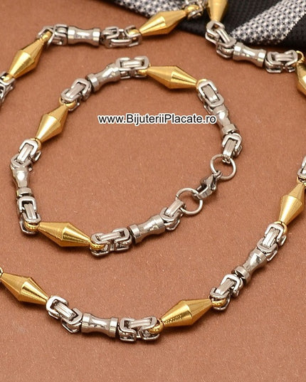 Set Lant+bratara Inox Model Byzantine Ton Auriu Si Argintiu