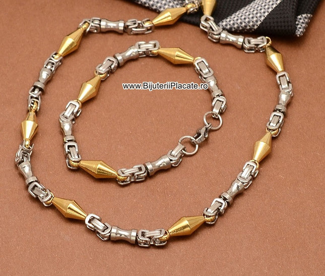 Set Lant+bratara Inox Model Byzantine Ton Auriu Si Argintiu