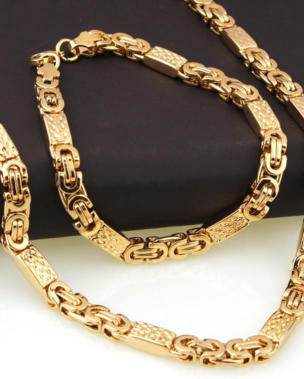 Set Lant Si Bratara Barbati Din Inox Placat Cu Aur 18k – Model Robust Lucios Bizantin