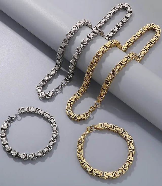 Set Lant Si Bratara Barbati, Otel Inoxidabil, Model Versace, Auriu Sau Argintiu, Stil Elegant Si Masculin