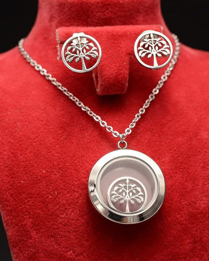 Set - Lantisor Cu Pandativ + Cercei Argintiu Copacul Vietii Inox