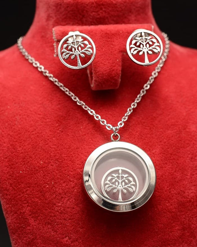 Set - Lantisor Cu Pandativ + Cercei Argintiu Copacul Vietii Inox