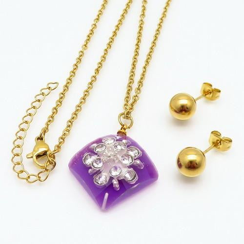 Set - Lantisor Cu Pandativ + Cercei Purple Special Inox