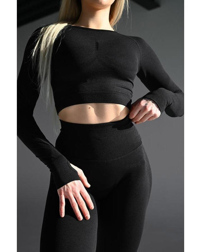 Set Negru din Două Piese cu Top și Colanți, Design Seamless, Efect Push-up Evidențierea Siluetei, Inclusiv Bluza cu Mâneci Lungi