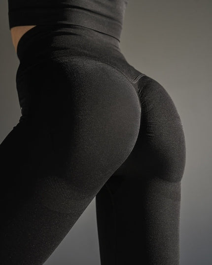 Set Negru din Două Piese cu Top și Colanți, Design Seamless, Efect Push-up Evidențierea Siluetei, Inclusiv Bluza cu Mâneci Lungi