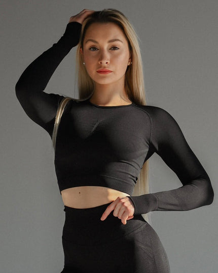Set Negru din Două Piese cu Top și Colanți, Design Seamless, Efect Push-up Evidențierea Siluetei, Inclusiv Bluza cu Mâneci Lungi