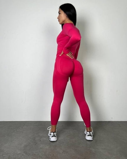 Set Roz Magenta din Două Piese cu Top și Colanți, Design Seamless, Efect Push-up Evidențierea Siluetei, Inclusiv Bluza cu Mâneci Lungi