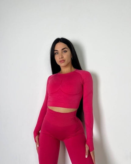 Set Roz Magenta din Două Piese cu Top și Colanți, Design Seamless, Efect Push-up Evidențierea Siluetei, Inclusiv Bluza cu Mâneci Lungi
