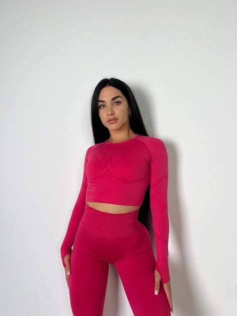 Set Roz Magenta din Două Piese cu Top și Colanți, Design Seamless, Efect Push-up Evidențierea Siluetei, Inclusiv Bluza cu Mâneci Lungi