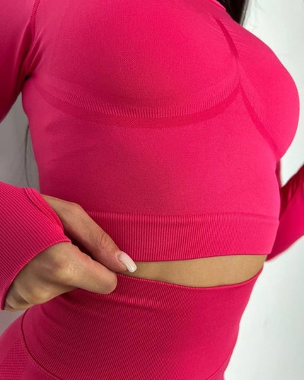 Set Roz Magenta din Două Piese cu Top și Colanți, Design Seamless, Efect Push-up Evidențierea Siluetei, Inclusiv Bluza cu Mâneci Lungi