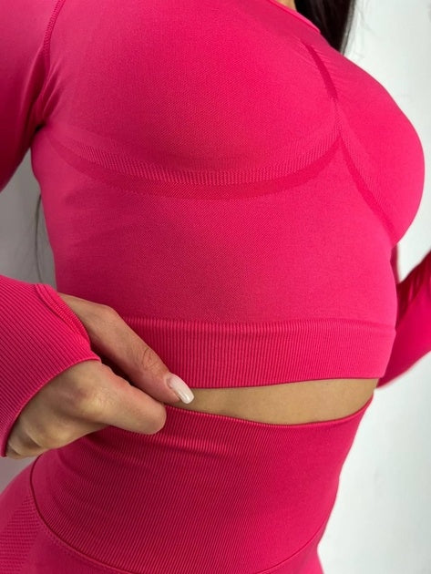 Set Roz Magenta din Două Piese cu Top și Colanți, Design Seamless, Efect Push-up Evidențierea Siluetei, Inclusiv Bluza cu Mâneci Lungi