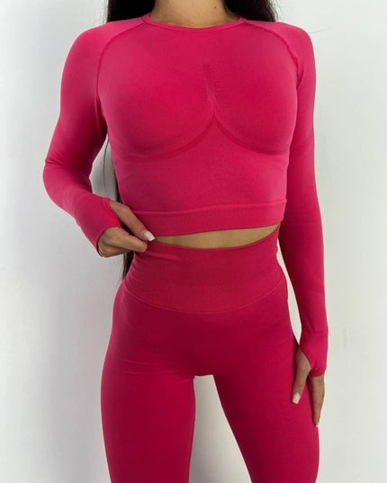 Set Roz Magenta din Două Piese cu Top și Colanți, Design Seamless, Efect Push-up Evidențierea Siluetei, Inclusiv Bluza cu Mâneci Lungi