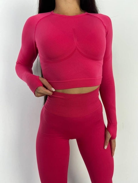Set Roz Magenta din Două Piese cu Top și Colanți, Design Seamless, Efect Push-up Evidențierea Siluetei, Inclusiv Bluza cu Mâneci Lungi