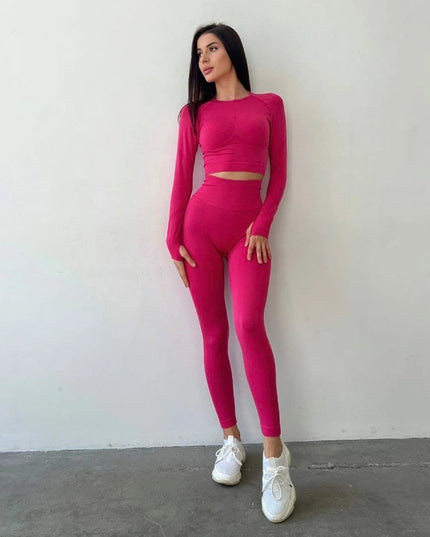 Set Roz Magenta din Două Piese cu Top și Colanți, Design Seamless, Efect Push-up Evidențierea Siluetei, Inclusiv Bluza cu Mâneci Lungi