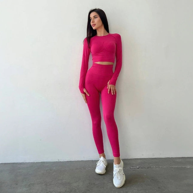 Set Roz Magenta din Două Piese cu Top și Colanți, Design Seamless, Efect Push-up Evidențierea Siluetei, Inclusiv Bluza cu Mâneci Lungi