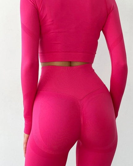 Set Roz Magenta din Două Piese cu Top și Colanți, Design Seamless, Efect Push-up Evidențierea Siluetei, Inclusiv Bluza cu Mâneci Lungi