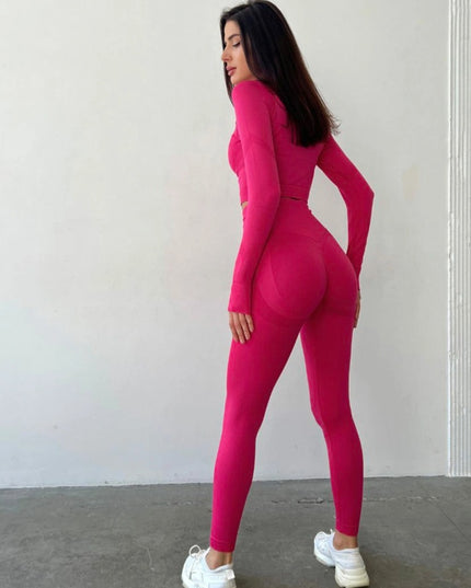 Set Roz Magenta din Două Piese cu Top și Colanți, Design Seamless, Efect Push-up Evidențierea Siluetei, Inclusiv Bluza cu Mâneci Lungi