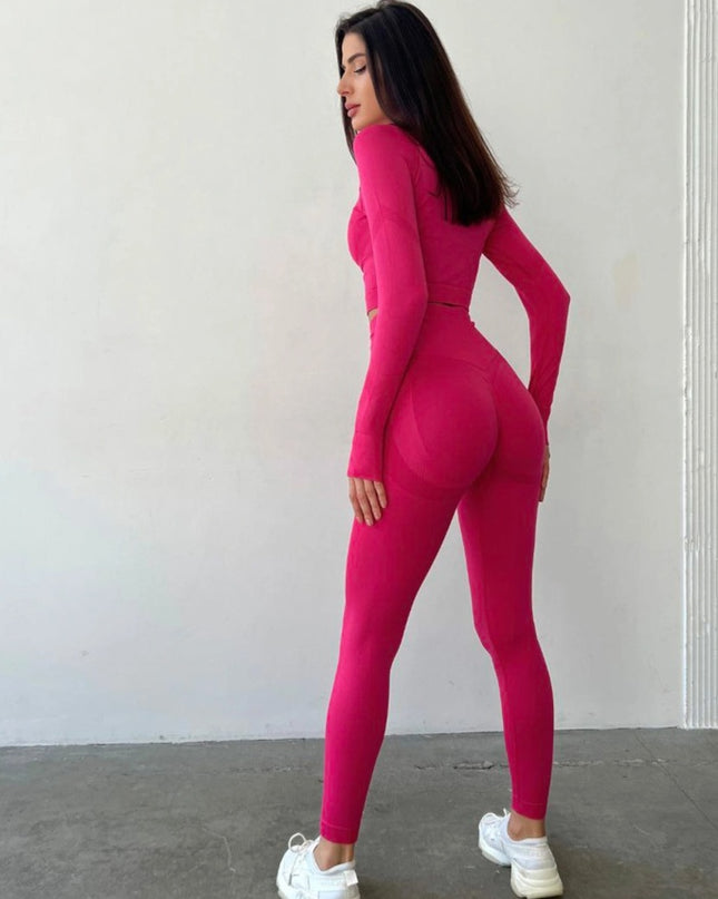 Set Roz Magenta din Două Piese cu Top și Colanți, Design Seamless, Efect Push-up Evidențierea Siluetei, Inclusiv Bluza cu Mâneci Lungi