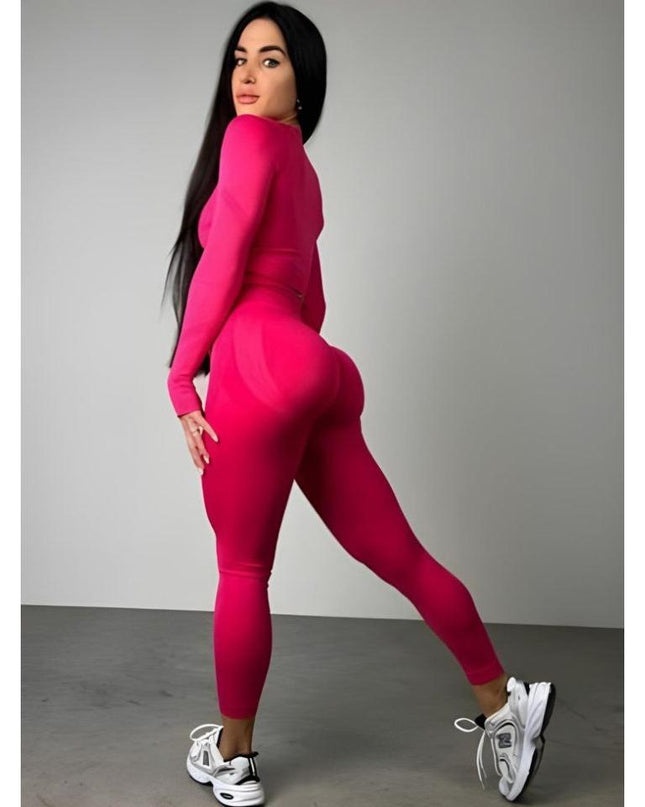 Set Roz Magenta din Două Piese cu Top și Colanți, Design Seamless, Efect Push-up Evidențierea Siluetei, Inclusiv Bluza cu Mâneci Lungi