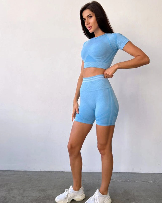 Set Sport Albastru Deschis, Cu Bluza Scurta Si Pantaloni Scurti, Confortabil Si Respirabil, Ideal Pentru Sala De Sport, Yoga Si Activitati Zilnice