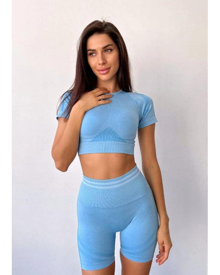 Set Sport Albastru Deschis, Cu Bluza Scurta Si Pantaloni Scurti, Confortabil Si Respirabil, Ideal Pentru Sala De Sport, Yoga Si Activitati Zilnice